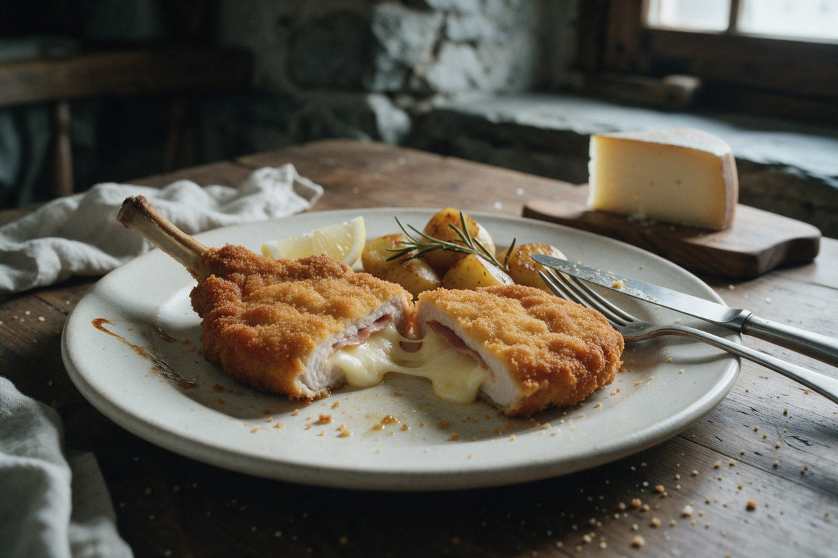 Cotoletta alla valdostana tagliata a metà con Fontina fusa e patate al forno