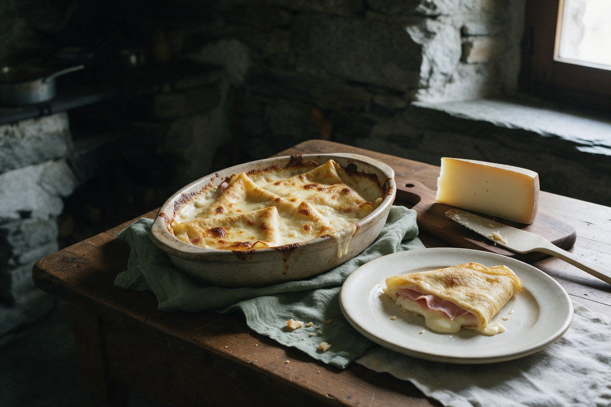 Crespelle alla valdostana gratinate in una pirofila e una porzione con prosciutto e Fontina fusa