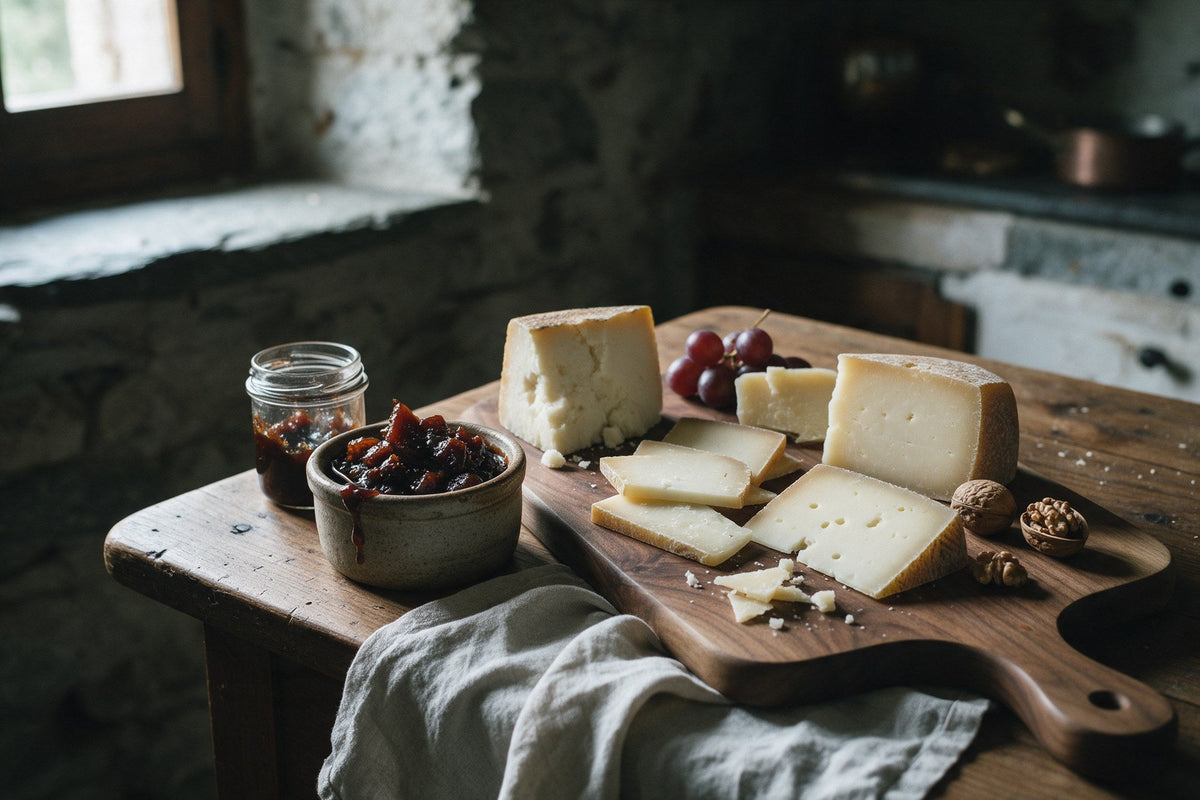 Cugnà in un vasetto e in una ciotolina con un tagliere di formaggi piemontesi, uva e noci