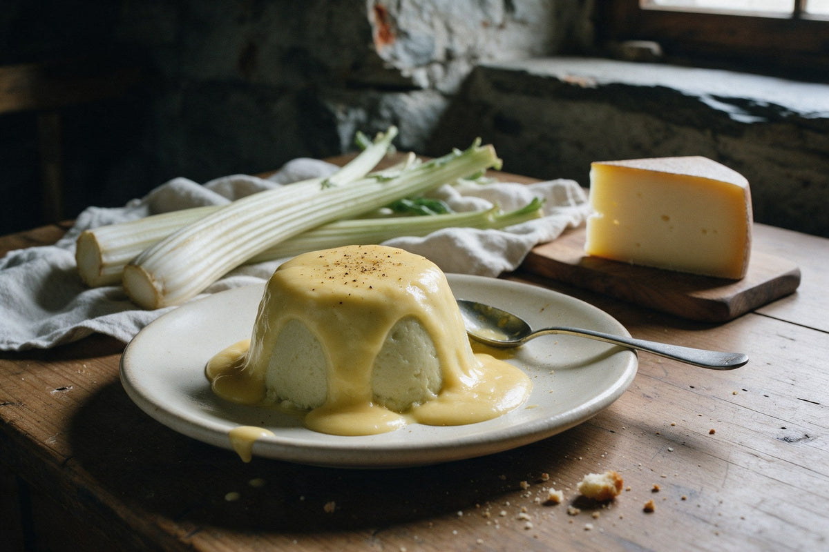 Flan di cardi coperto di fonduta di Fontina su un piatto di ceramica