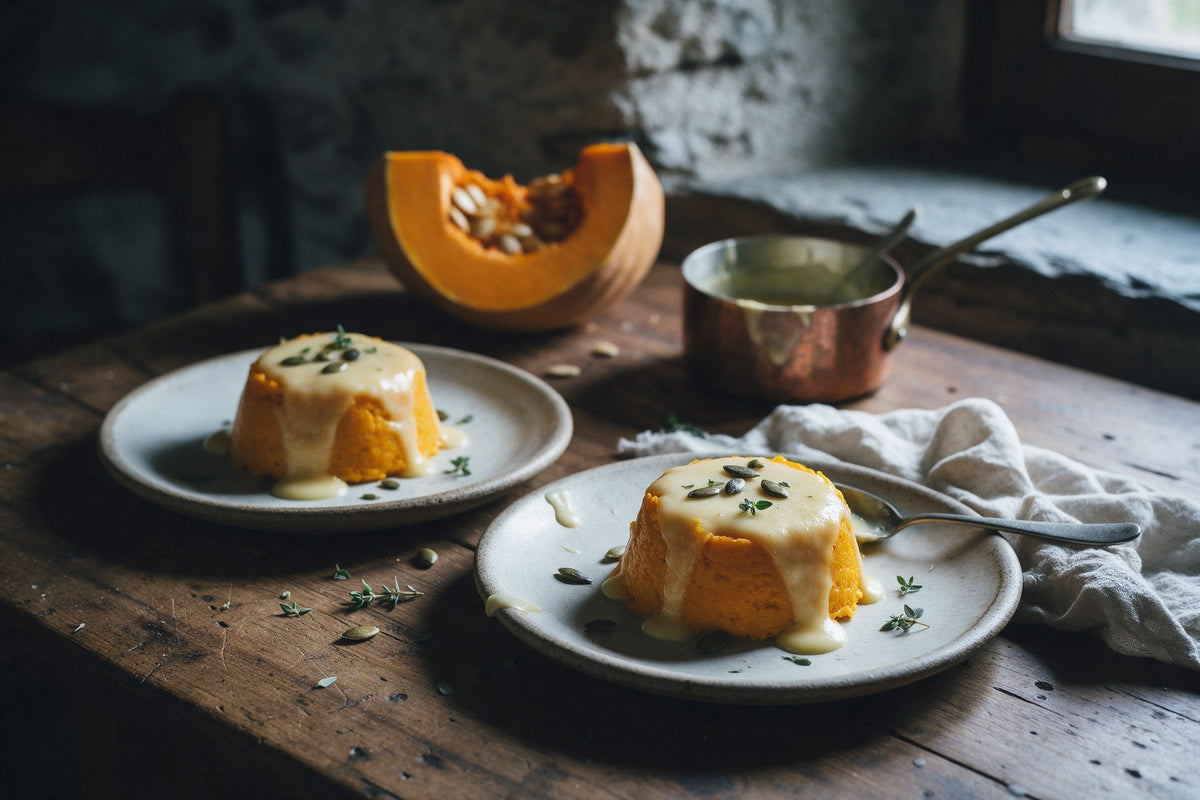 Flan di zucca con fonduta di Castelmagno su piatti di ceramica