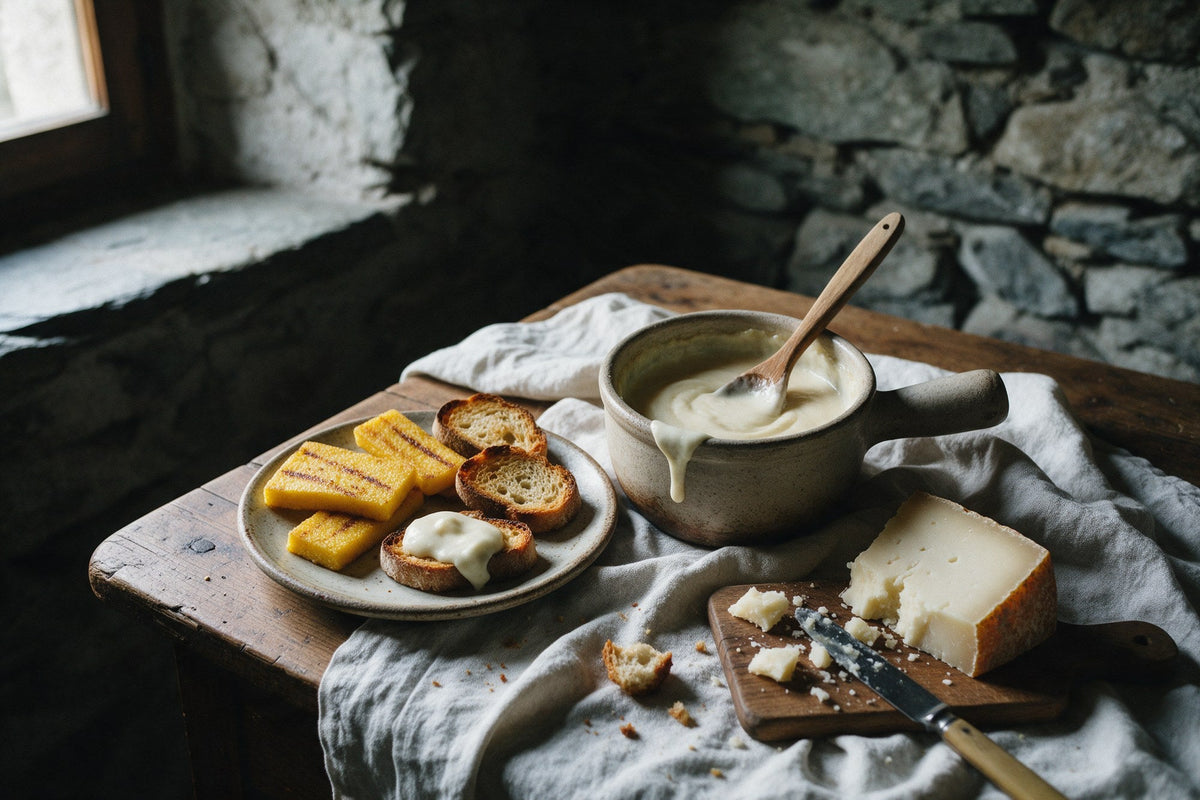 Fonduta di Castelmagno in un pentolino di ceramica con polenta grigliata, crostini e Castelmagno DOP