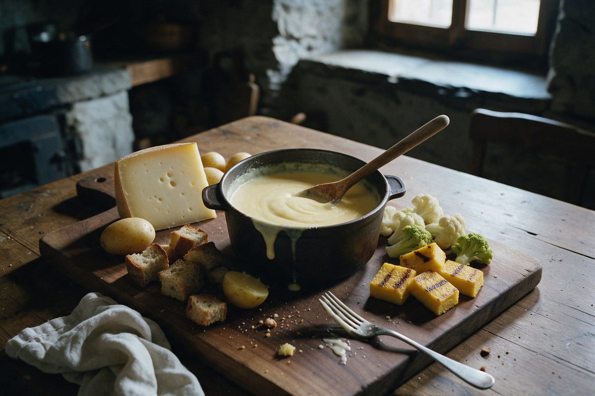 Fonduta di toma in un pentolino di ghisa con patate, pane tostato e polenta