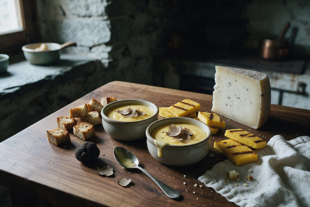 Fonduta piemontese con lamelle di tartufo in due ciotole di ceramica, con crostini e polenta grigliata
