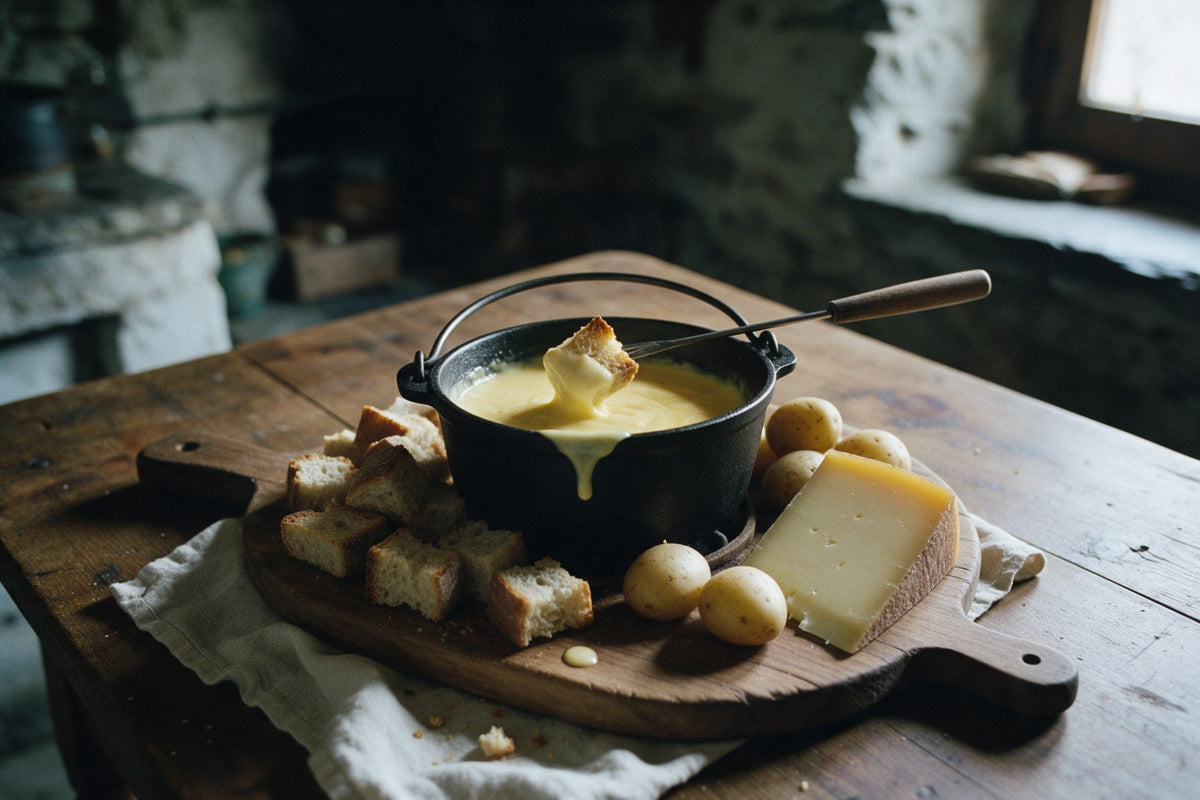 Fonduta di Fontina in un caquelon di ghisa con pane tostato e patate
