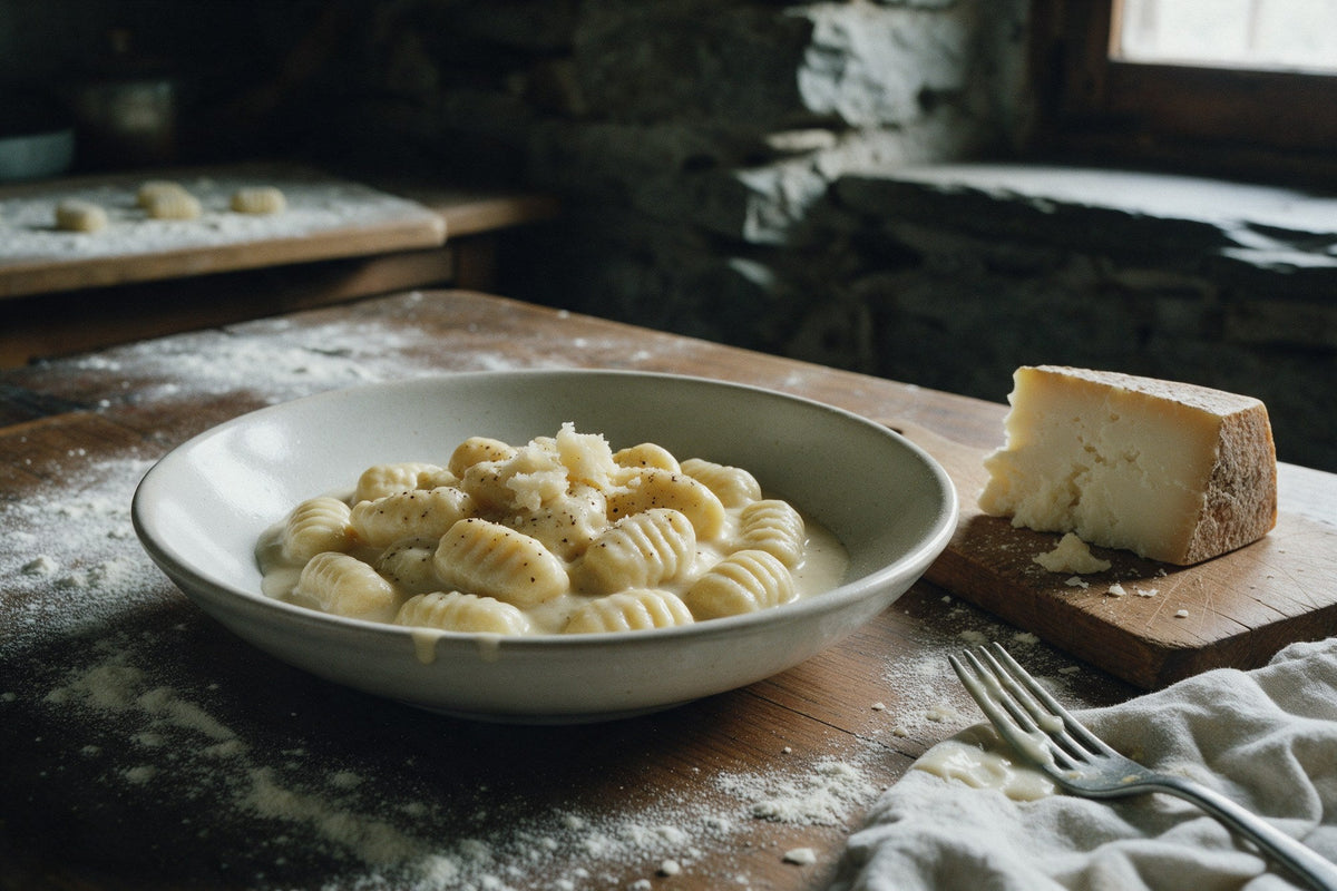 Gnocchi al Castelmagno in una ciotola di ceramica con un pezzo di Castelmagno DOP
