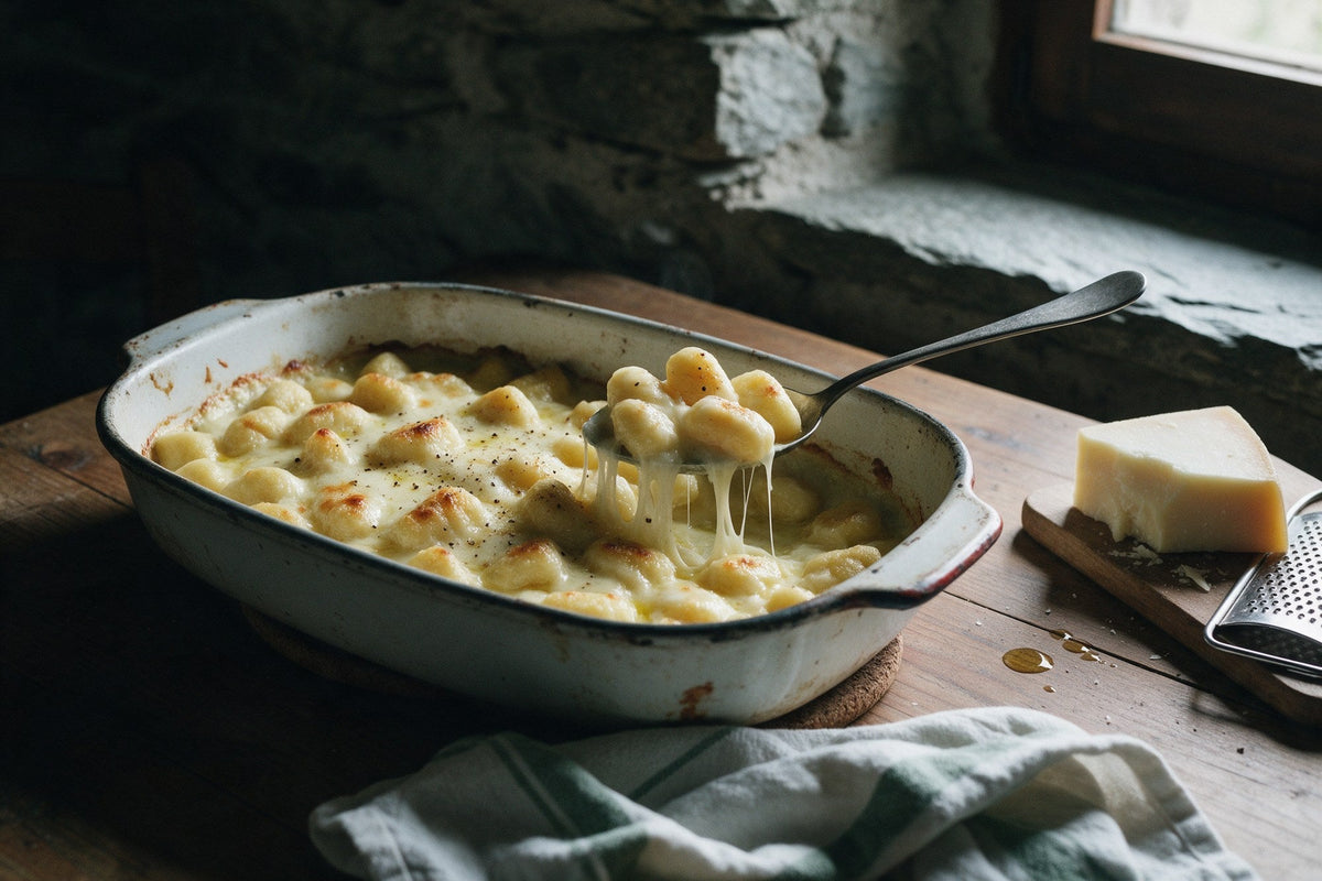 Gnocchi alla bava in una teglia con fili di Fontina fusa