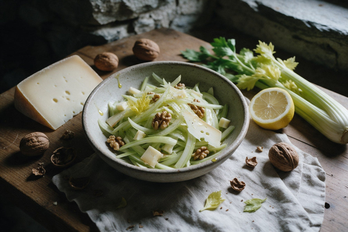 Insalata di sedano con noci e toma in una ciotola di ceramica, con limone e sedano fresco