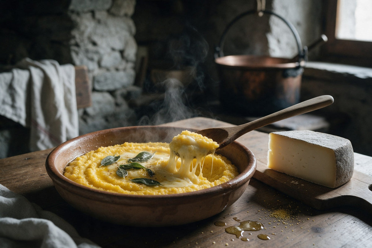 Polenta concia con formaggio filante e burro alla salvia in un piatto di terracotta