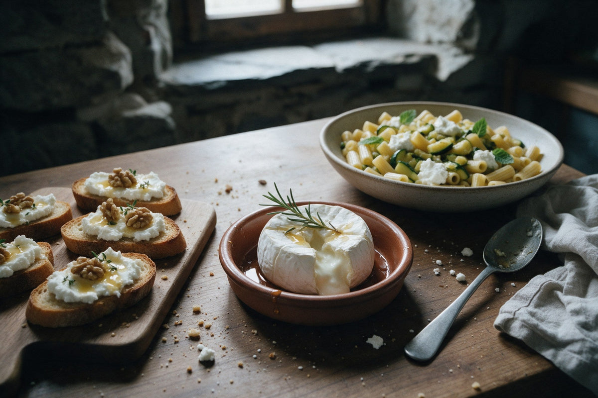 Crostini con caprino fresco, miele e noci, caprino al forno e pasta con zucchine