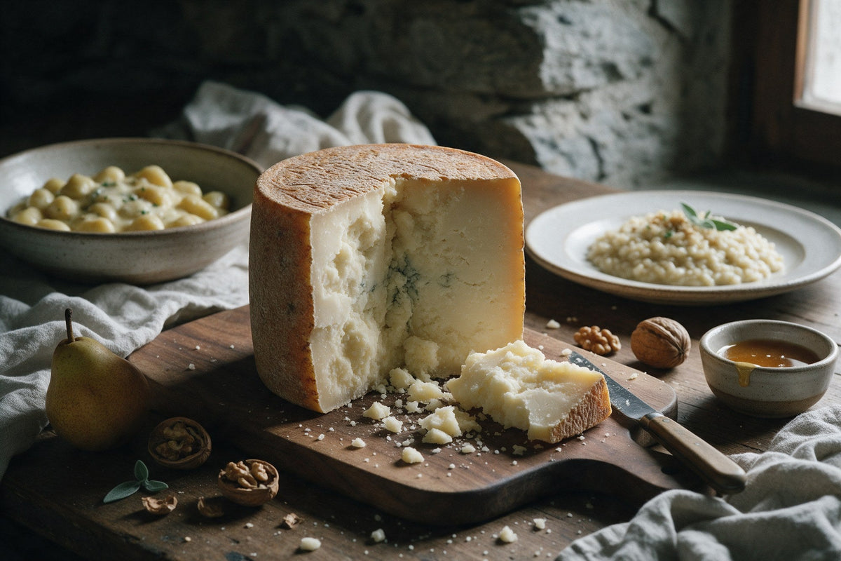 Forma di Castelmagno DOP tagliata su un tagliere con pera, noci e miele, gnocchi e risotto sullo sfondo