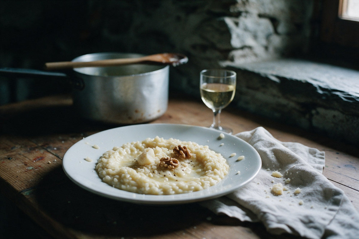 Risotto al Castelmagno con noci in un piatto bianco