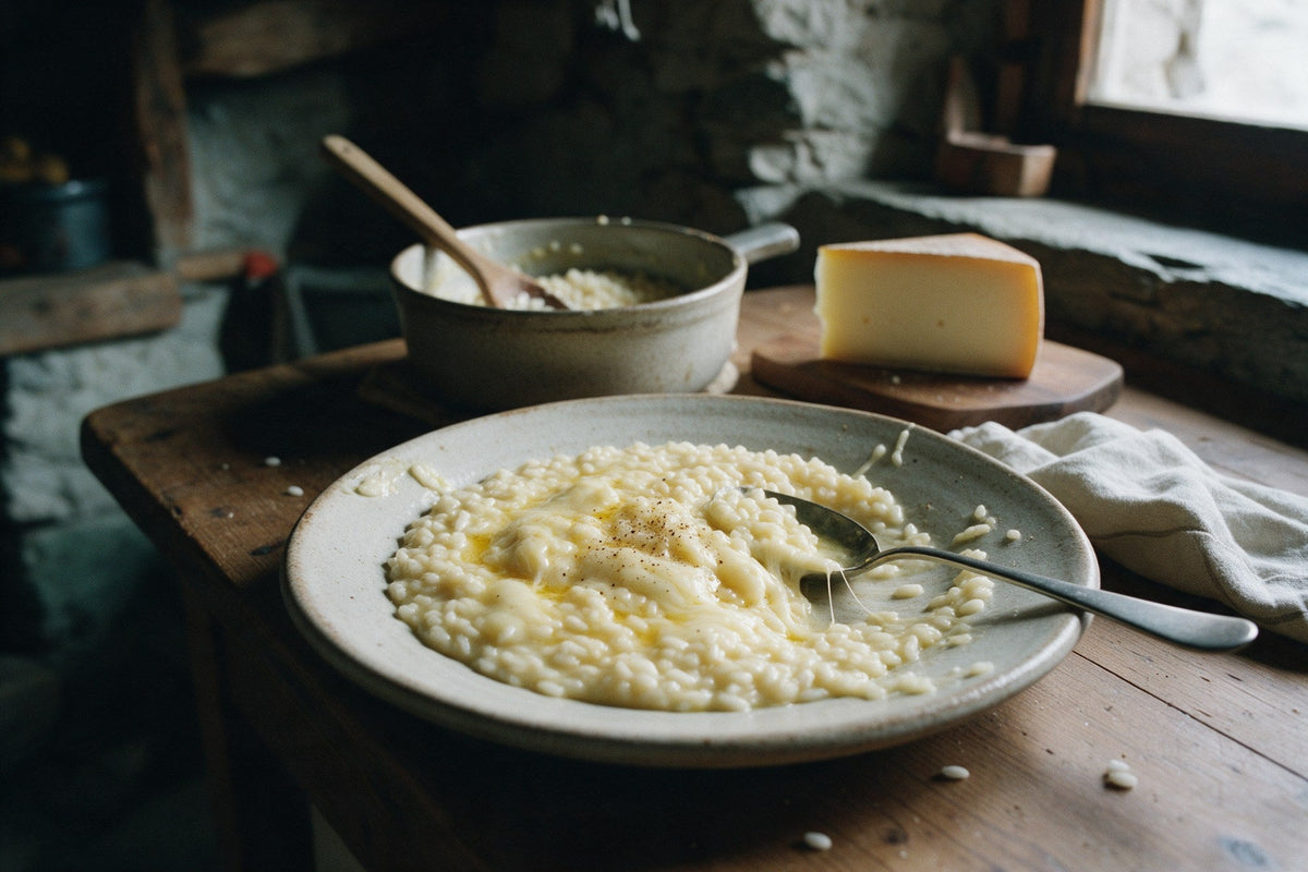 Risotto alla valdostana con Fontina fusa in un piatto di ceramica e un pezzo di Fontina d’Alpeggio