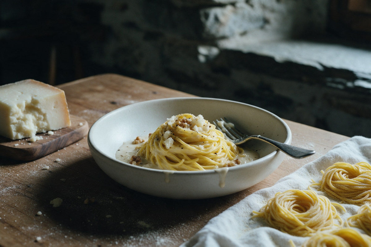Tajarin al Castelmagno in una ciotola di ceramica con noci e un pezzo di Castelmagno DOP