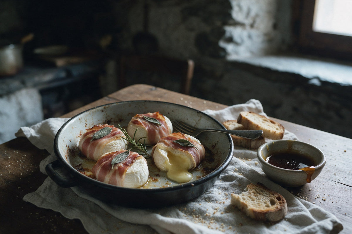 Tomini al forno avvolti nello speck in una teglia smaltata con pane tostato e miele